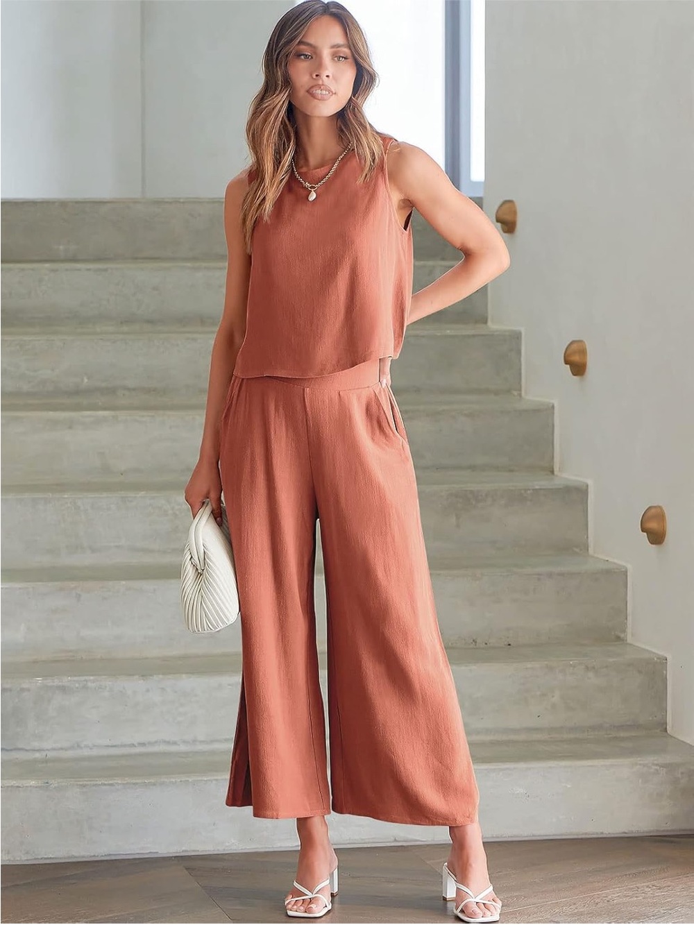 Terracotta Linen Button-Back Tank and Wide Leg Pant Set - Picture 16 of 16